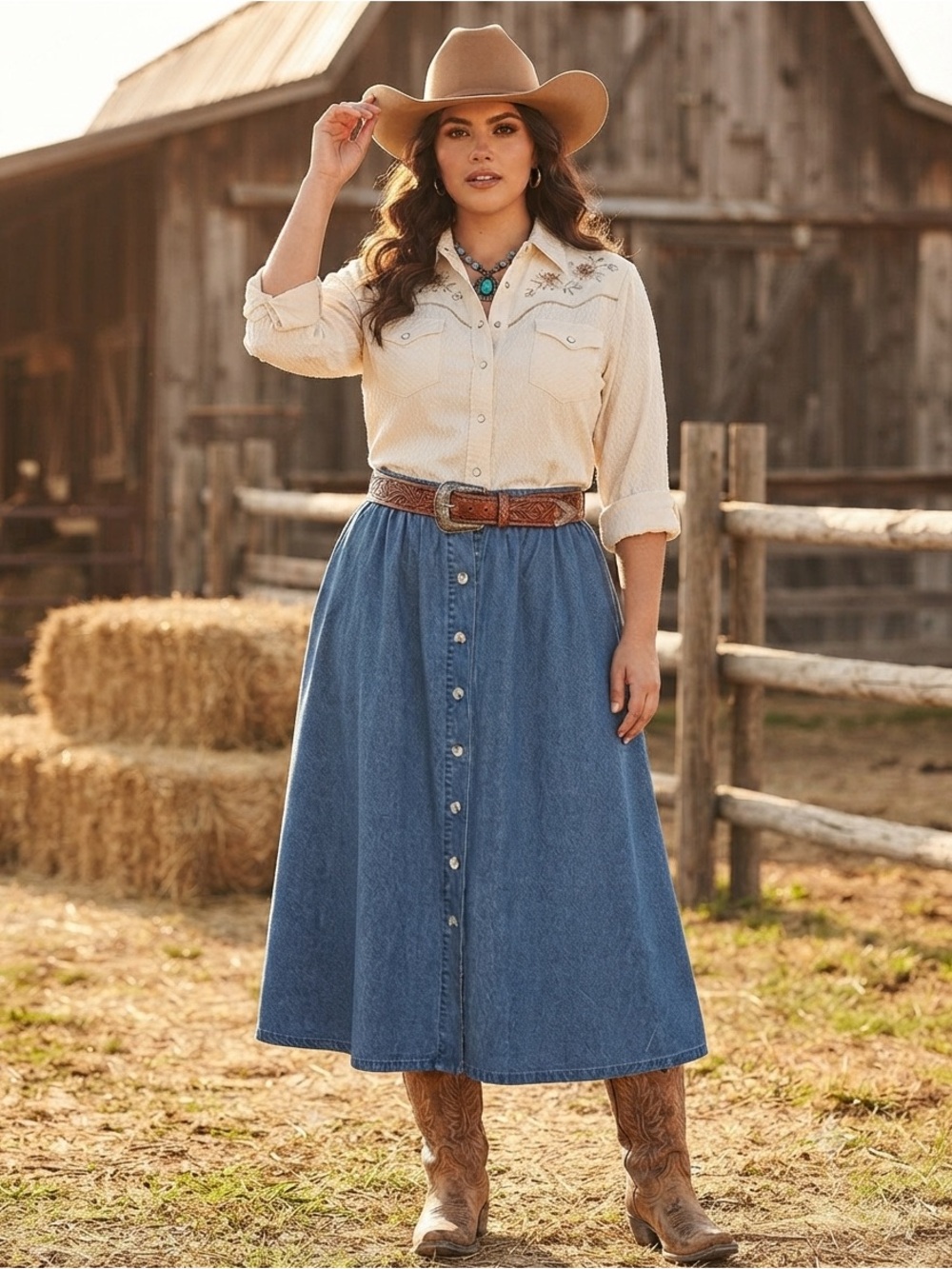 Retro 50s Classic Denim Button-Front A Line Midi Skirt